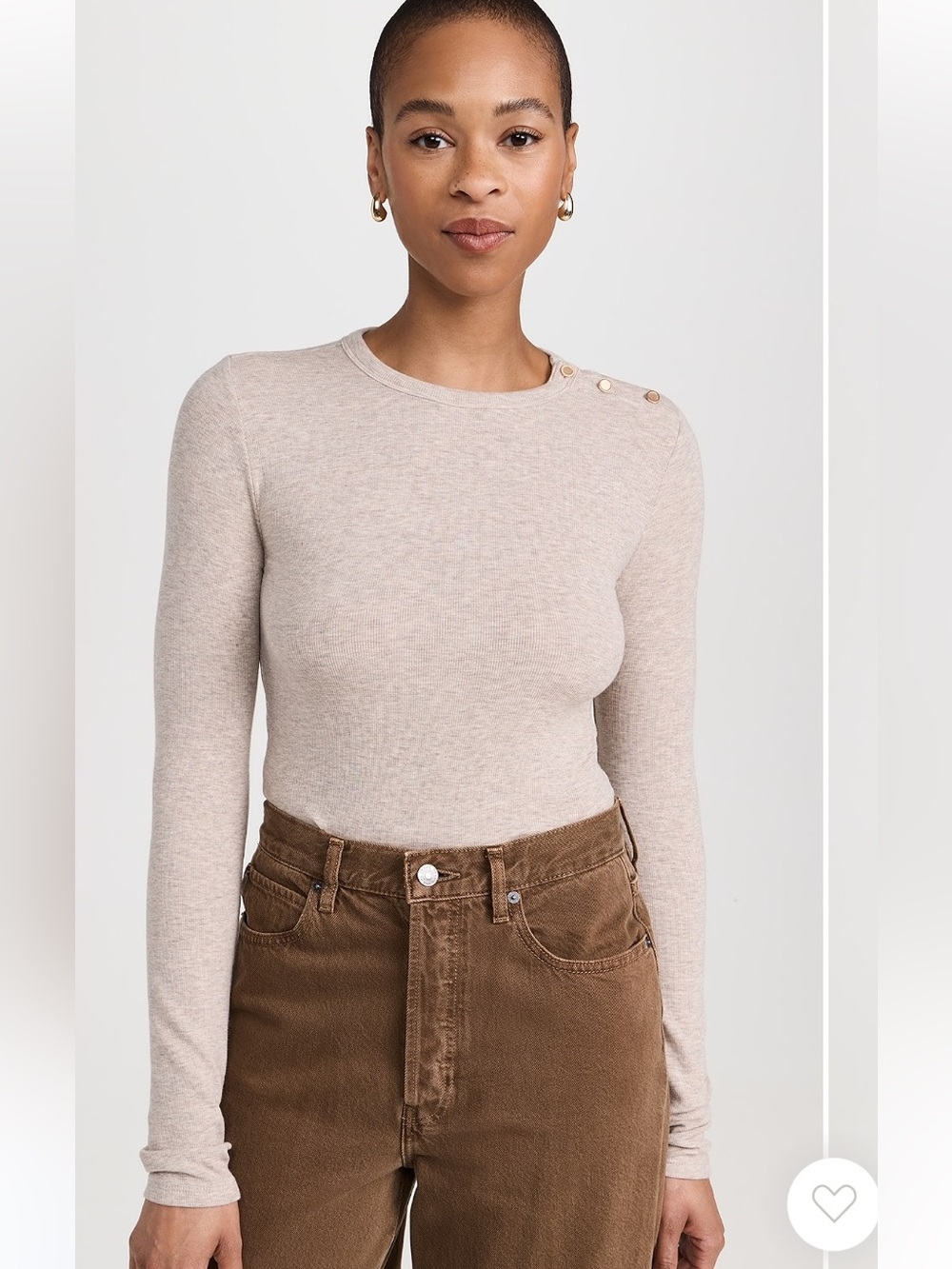 Frame Women’s Lightweight Ribbed Jersey Knit Gold Buttons Shoulder Crew Top L